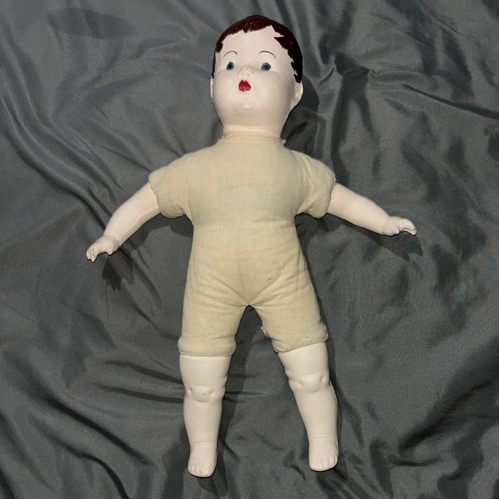 Vintage 1920's Composite Baby Doll Hand Painted 17" Hand Damage Small Fabric Rip